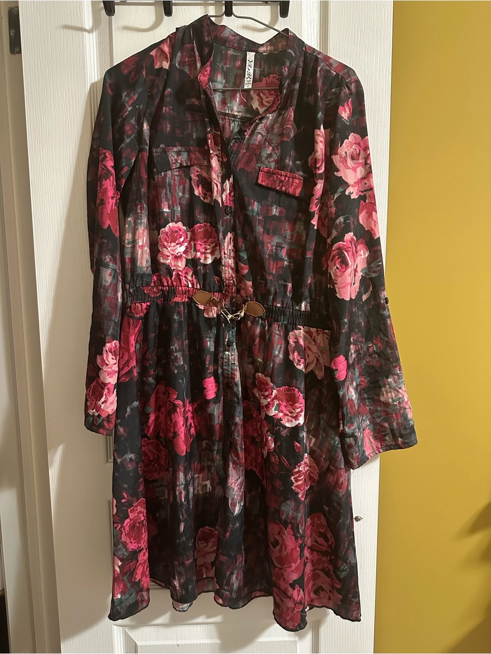Floral Print Long Sleeve Midi Dress - Black & Pink